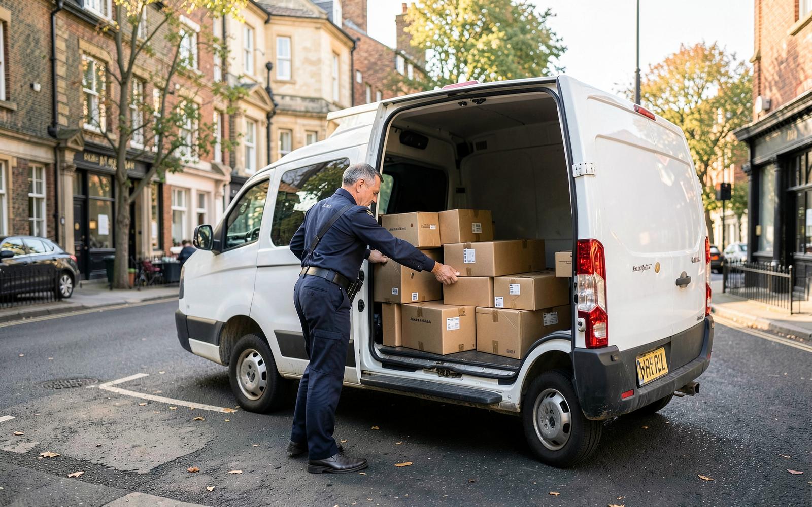 Courier loading parcels into a delivery van on a UK street
