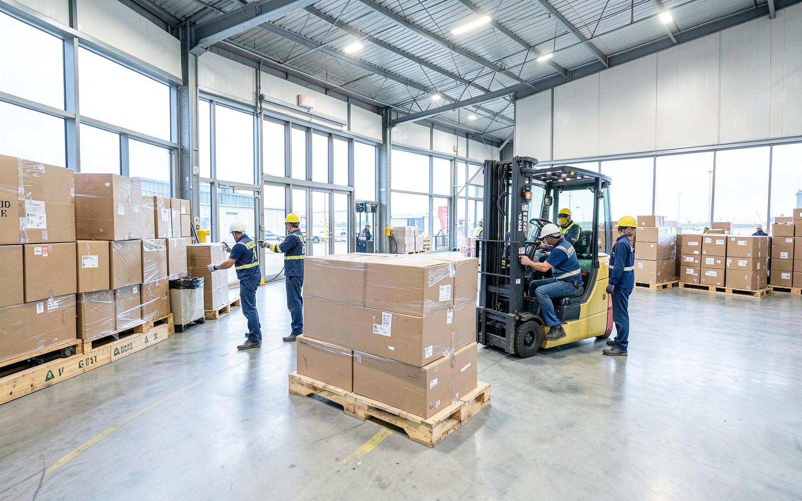 Warehouse team handling freight for air, sea and road distribution